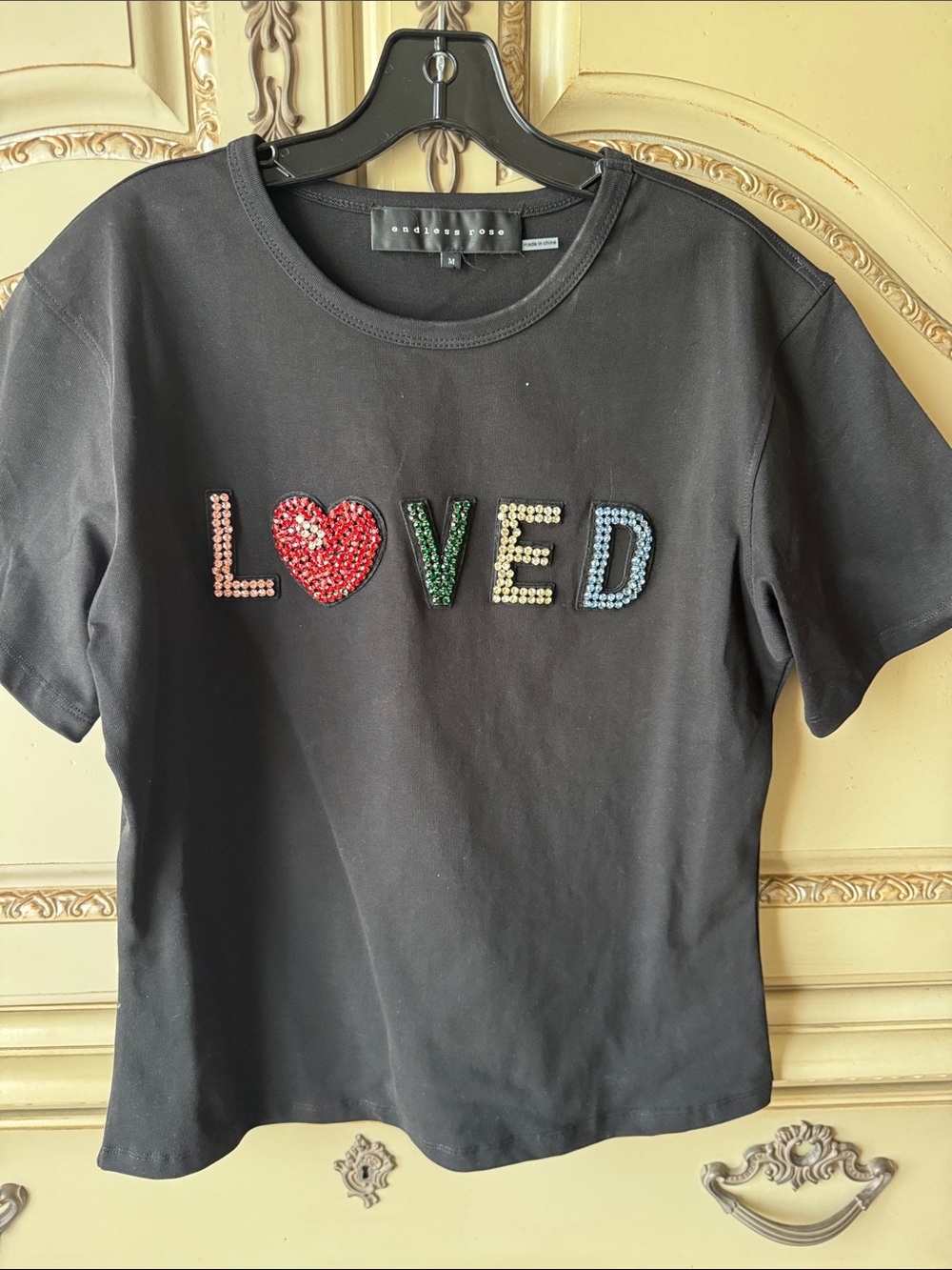Endless Rose Black Tee with Colorful Rhinestone 'LOVED'